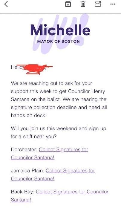 A text message from the campaign of Mayor Michelle Wu asking supporters to help Henry Santana collect signatures for the ballot.
