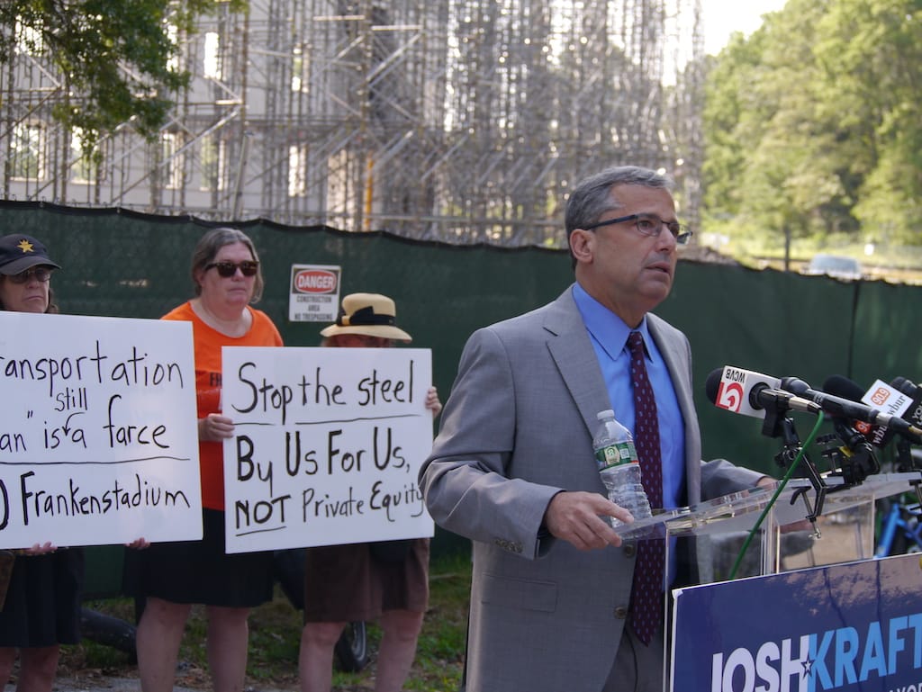 Former mayoral candidate Josh Kraft holds a press conference outside White Stadium July 30. 
