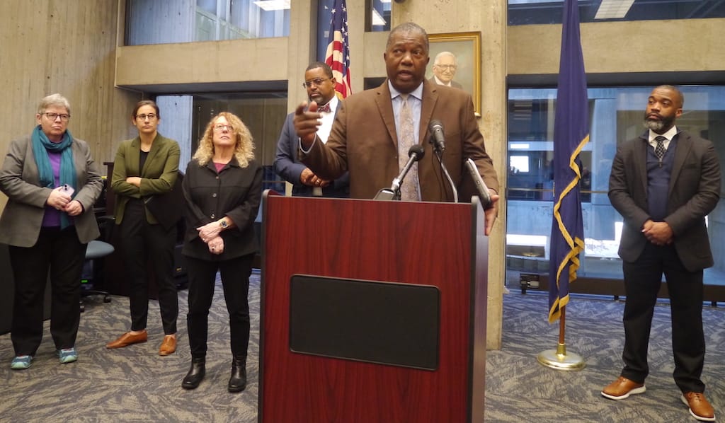 District 7 City Councilor-elect Miniard Culpepper addresses reporters at City Hall.