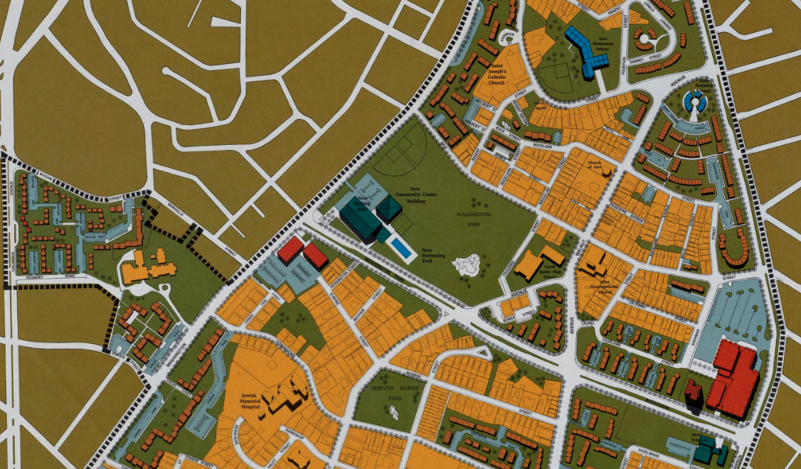A detail of the the Boston Redevelopment authority's Washington Park urban renewal area showing new housing, commercial and public buildings.
