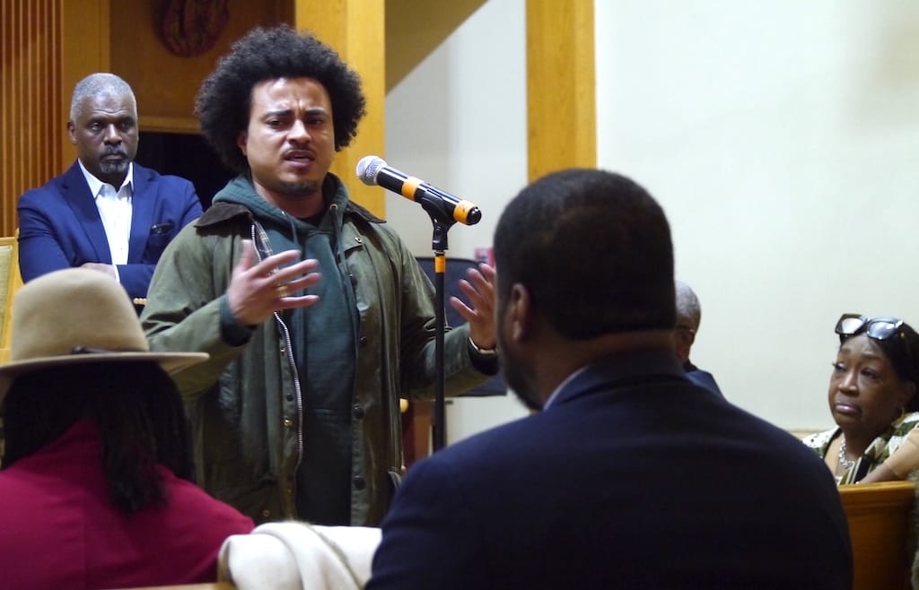 Reclaim Roxbury Lead Organizer Armani White speaks during a Feb. 9 meeting at the 12th Baptist Church in Roxbury.