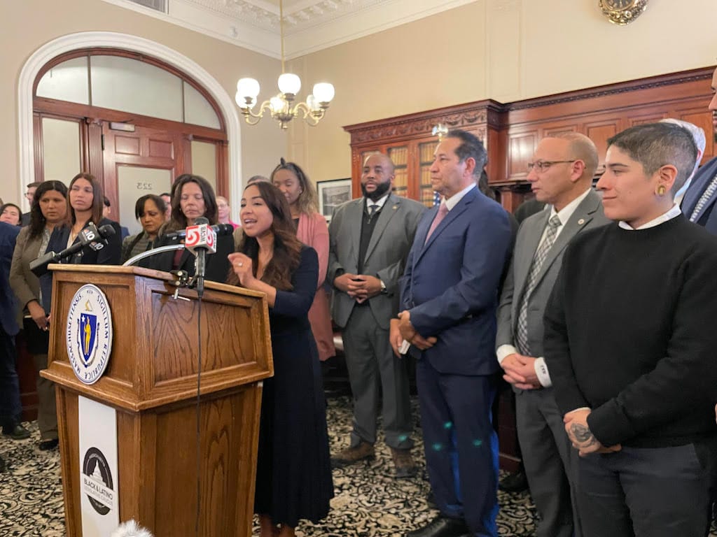 Rep. Judith Garcia of Chelsea speaks during a Black and Latino Legislative Caucus briefing on the PROTECT Act