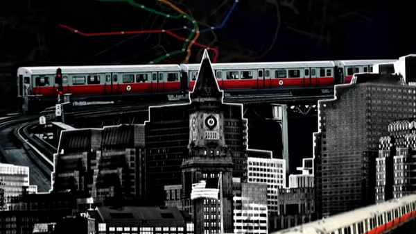 A still image from the documentary Removed: Black Erasure in Boston showing Orange Line trains against the Boston skyline.