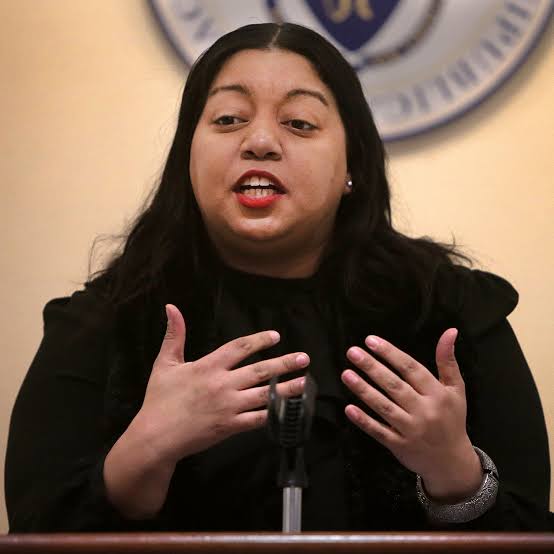 Senator Liz Miranda speaks at a podium in a State House hearing room.