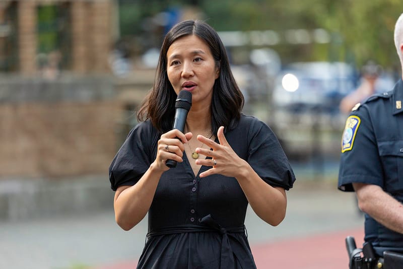 Mayor Michelle Wu speaks during a National Night Out with District C-6 at Moakley Park in South Boston.