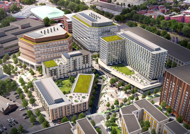 Rendering showing apartments and office space in HYM Investment's planned development of Parcel P3.